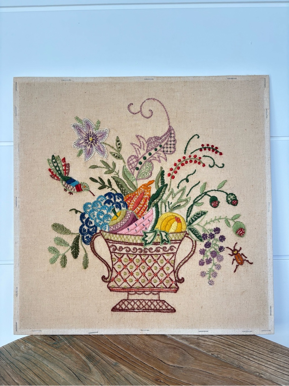 Vintage Hand-Embroidered Needlepoint Floral Fruit Basket Wall Art 14" x 14" - Picture 17 of 17